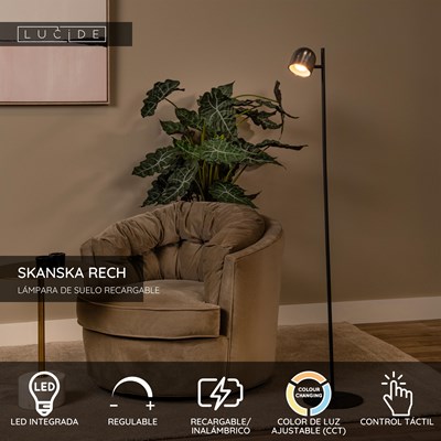 Lucide SKANSKA RECH - Lámpara de suelo Recargable Dentro/Fuera - Batería/acumulador - Ø 23 cm - LED Regul. - CCT - 1x3W 3000K/6000K - IP44 - Hierro gris